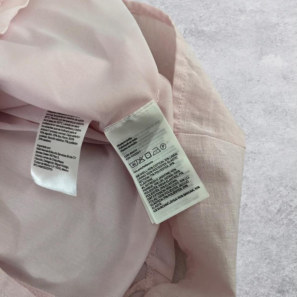 NWT H&M Pink Linen Blend Puff Sleeve Lace Up Back Mini Dress Cottagecore - Picture 5 of 8